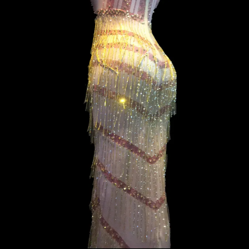 Золотой сексуальный ночной клуб Стразы Taseels Платье До Колена длиной до пола тонкое платье Сценическое представление Dj костюмы Bodycon платье
