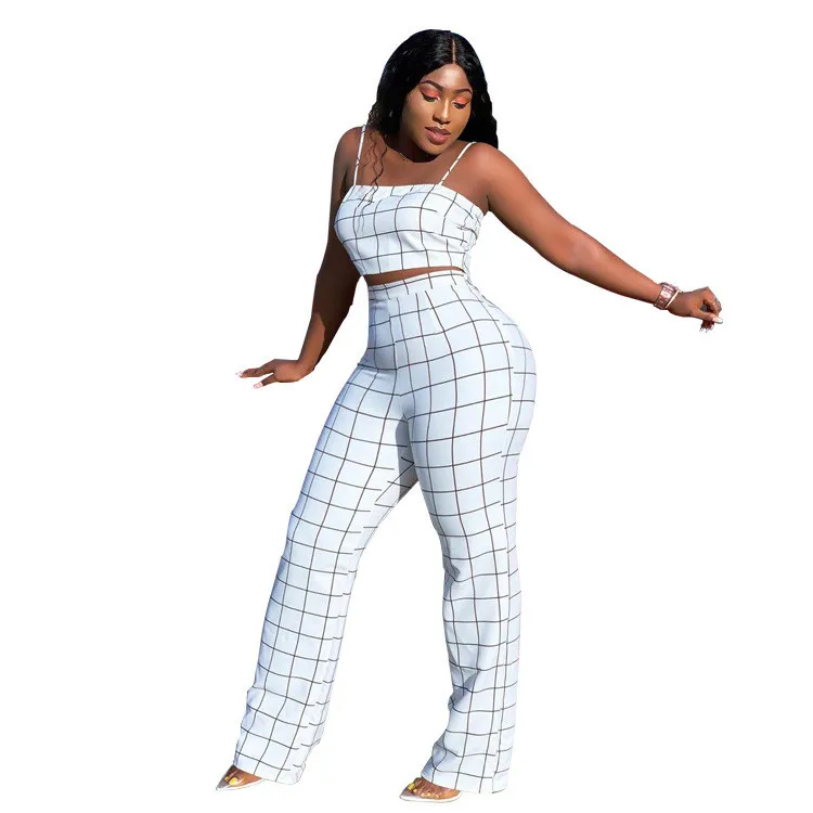 

2019 Women Spaghetti Strap Two Piece Set Slash Neck Crop Top And Wide Leg Pants Sportswear Plaid Outfits Casual White Suit