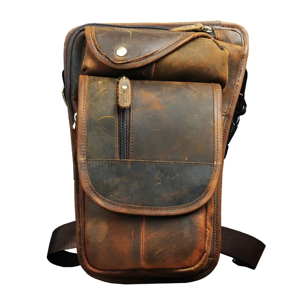 Quality Leather Men Design Casual Messenger Tablets Sling Bag Multifunction Fashion Travel Waist Belt Pack Leg Bag Male 3112