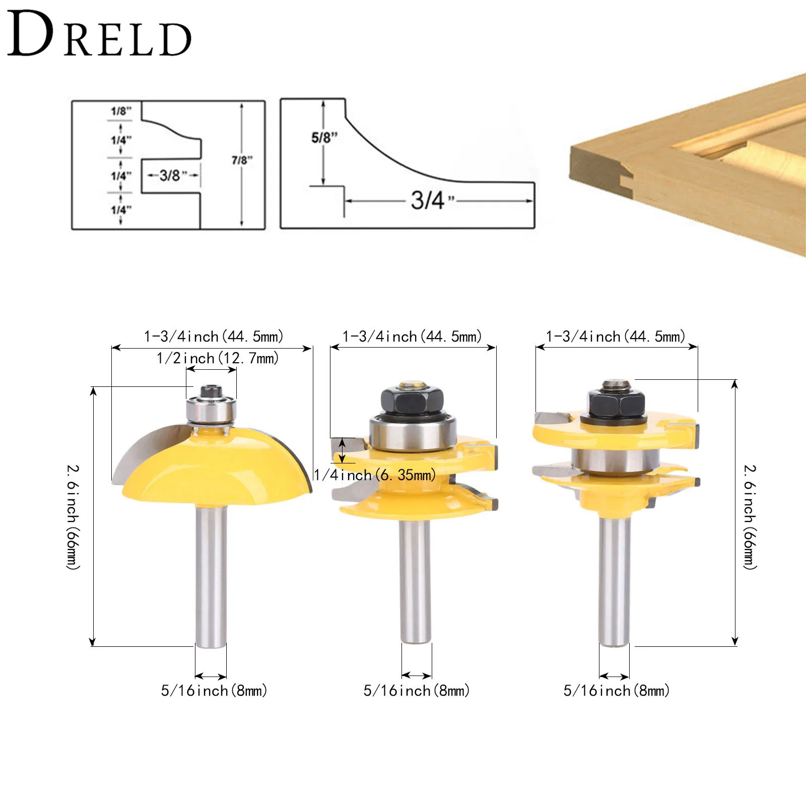 

DRELD 3pcs 8mm Shank Engraving Milling Cutter Woodworking Tools Raised Panel Cabinet Door Router Bit Set Wood Cutter Door Knife