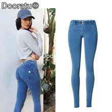 Dooratu Высокая талия джинсы женщина узкие Push Up тонкий синий