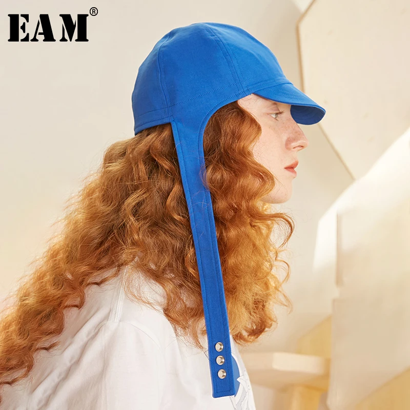 

[EAM] 2019 New Spring Summer Round Dome Solid Casual Ribbon Button Brief Temperament Cap Hat FashionTide All-match JX187
