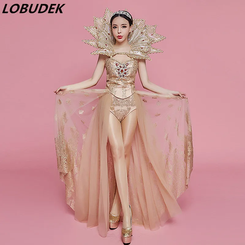

Fashion Women Star Singer Concert Costume Celebration Performance Clothes Nightclub Bar Catwalk Stage Outfit Gold Crystals Sets
