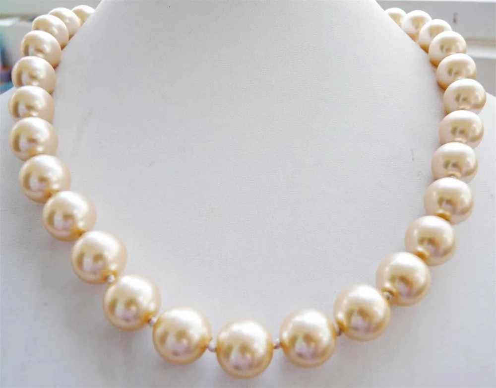 

12mm AAA White Yellow South Sea Shell Pearl Round Necklace 18'' AAA style Fine Noble real Natural free shipping