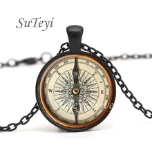 Suteyi colar de vidro redondo, joia de cabochão, pingente de bússola steampunk, vintage, colares para homens e mulheres