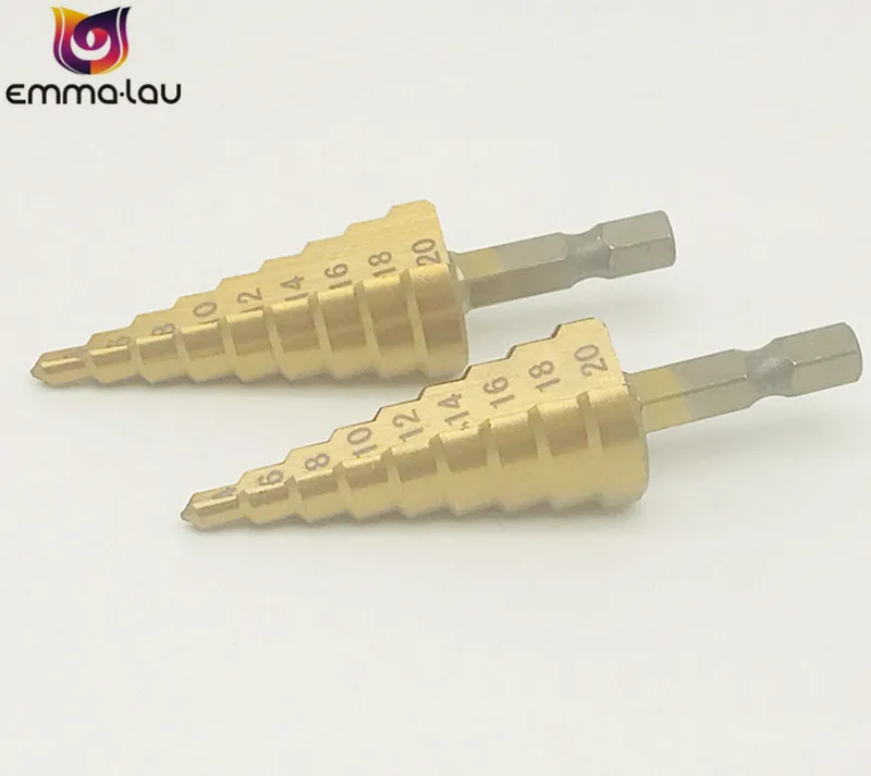 

3-13/4-12/4-22/4-20/4-32mm HSS Titanium Step Drill Bit Hex Shank Straight Groove Spiral Center Step Drill Iron Plate Hole Opener