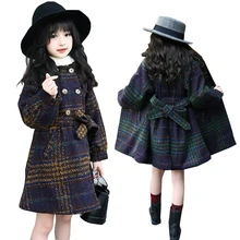 Детская куртка для девочек; зимнее пальто; плотное теплое шерстяное пальто в клетку для маленьких девочек; куртка для девочек; шерстяная Верхняя одежда; одежда для детей