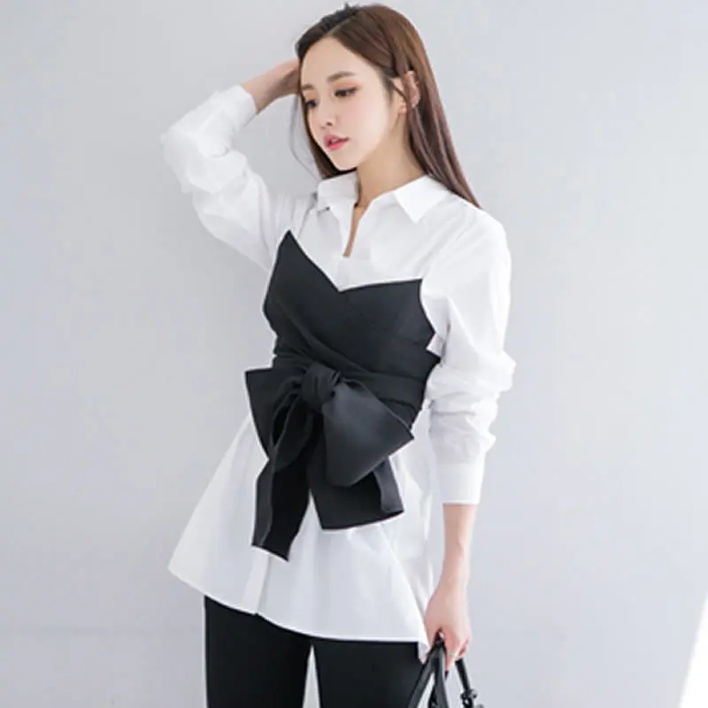 VGH, Корейская Весенняя Ложная Рубашка для женщин, с отворотом, с длинным рукавом, темперамент, бант, пэтчворк, опт - Цвет: white