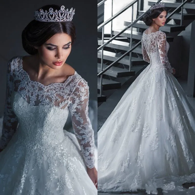 

Lace sheer neck Wedding Dresses Long Sleeve See Through Wedding Dress Hot Sale A Line Plus Size Bridal Gown casamento