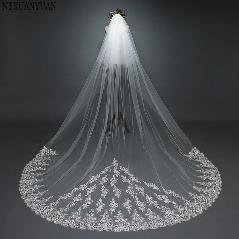 

3.8 Meter White/Ivory One Layer Beautiful Cathedral Length Lace Edge Wedding Veil With Comb Long Bridal Veil Voile Mariage 2019