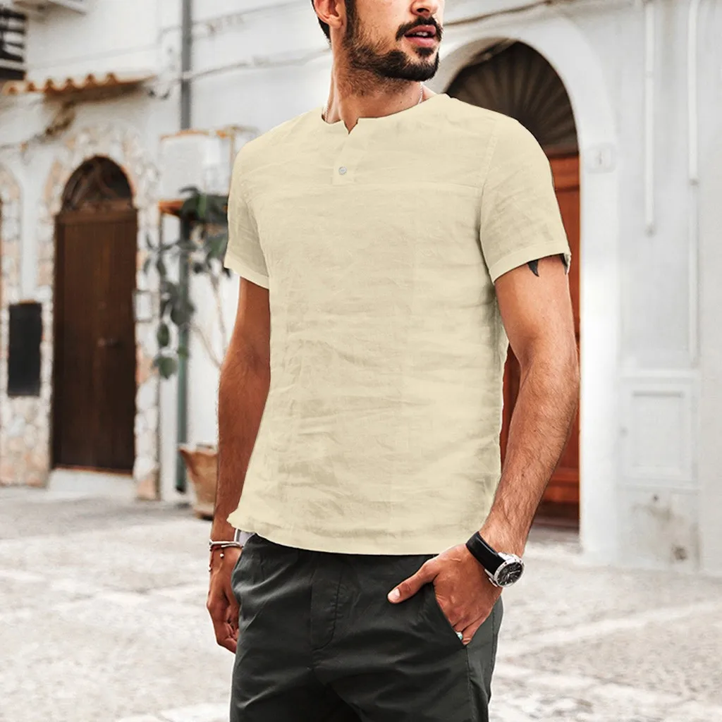 

Fashion Men's Shirt Baggy Cotton Linen Solid Color Button O NeckShort Sleeve Flax Dress Shirts Tops Blouses Summer chemise homme