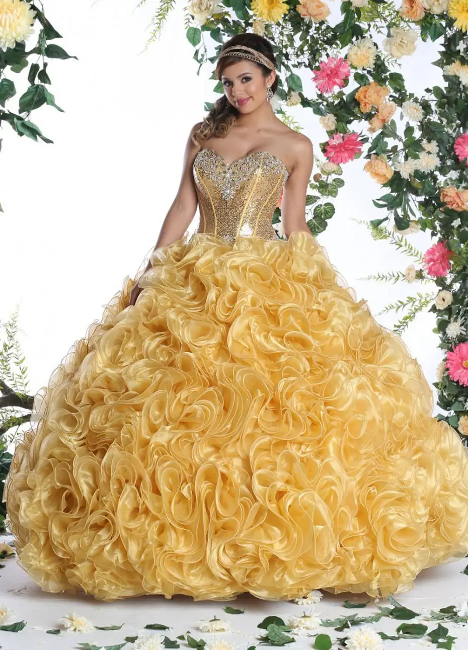 Vintage Soft Yellow Organza 3D Flower Ruffle Beaded Sweet 16 Quinceanera Ball Gown DP7363