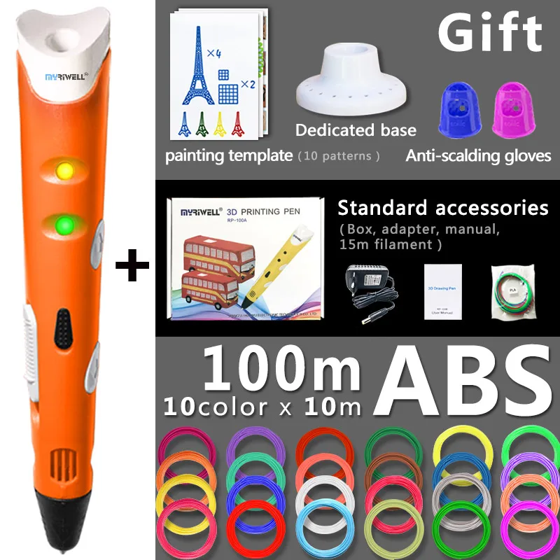 Orange pen 100m ABS Myriwell 3d Ручка 3d ручки, 1,75 мм ABS/PLA нити, 3d модели, рождественский подарок 3d принтер pen-3d волшебная ручка для детей подарок на день рождения - Цвет: Orange pen 100m ABS