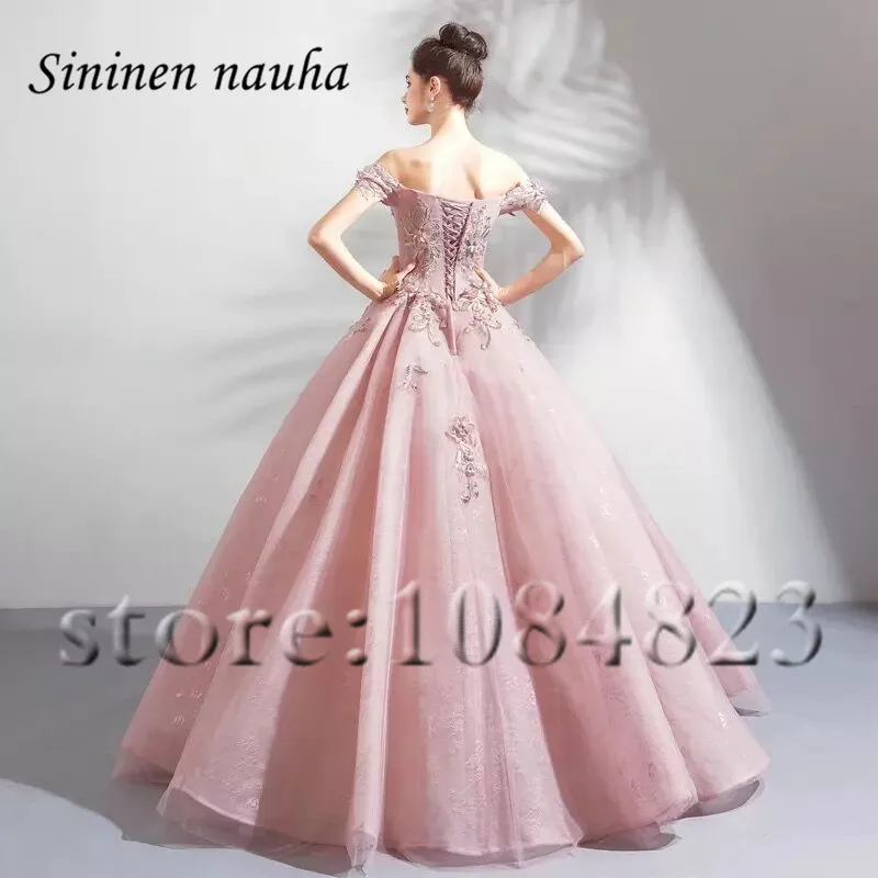 Розовые платья Quinceanera с открытыми плечами с короткими рукавами расшитое бусинами цветочное бальное платье для выпускного вечера vestidos De 15 Anos Сладкий 16 платья 345