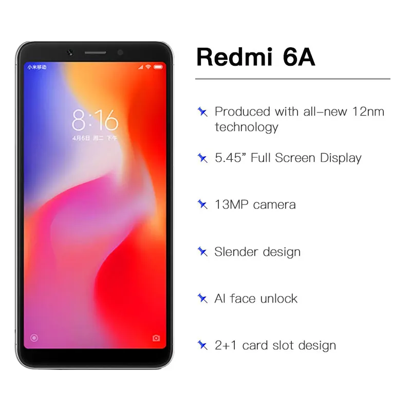 Xiaomi Redmi 6A 2 Гб ОЗУ 16 ПЗУ A22 мобильный телефон 13 0 МП + 5.0MP двойная камера 3000 мАч 5 45
