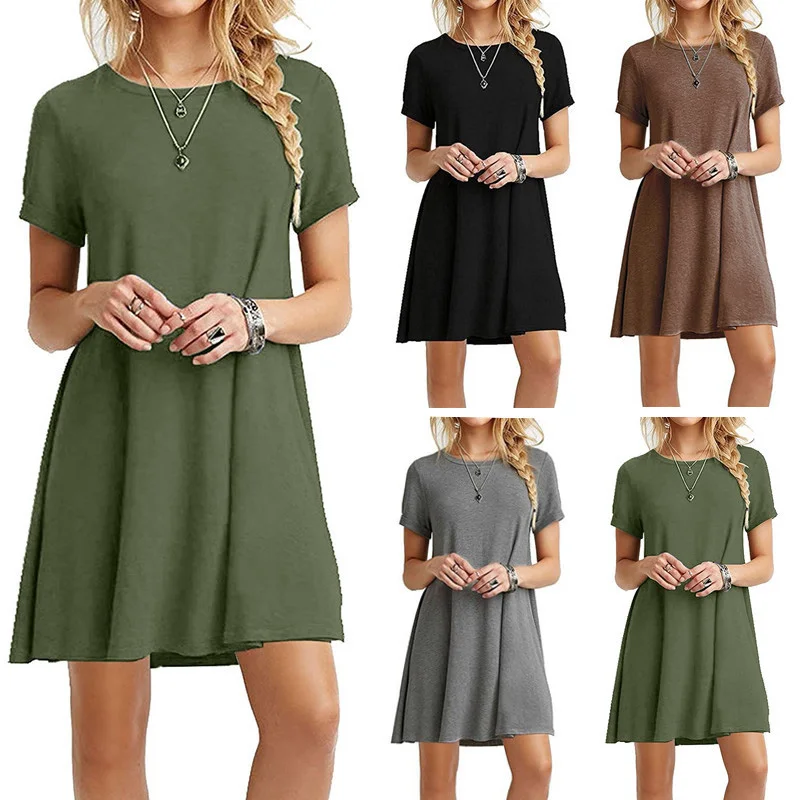 

One-pieces Women Dress Summer Dress 2019 New Solid Color Short Sleeves Oversize Casual Dresses Femme Plus Size 2XL 19ING