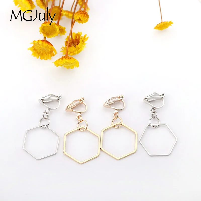 Boucles D'oreilles Vintage Hexagonales - Métal Doré émaillé Beige - Clips à Vis