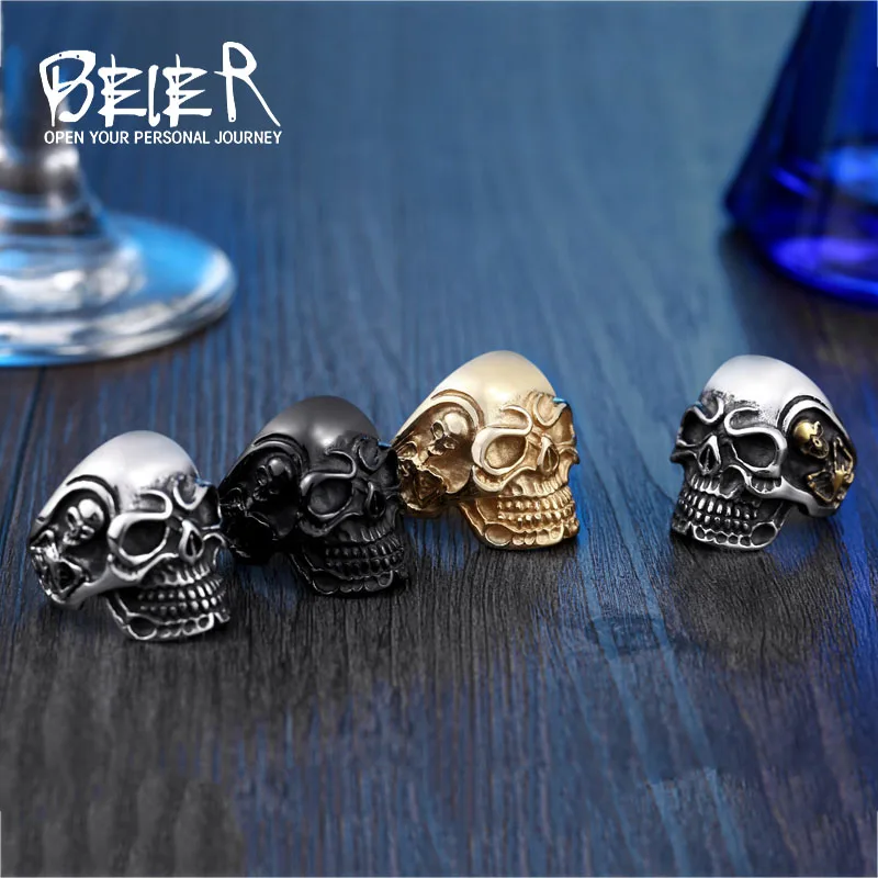 BEIER Dropshipping punk cool Fashion Stainless Steel Rings For Man Big Tripple Skull Product Punk Biker Jewelry Gift BR8-068