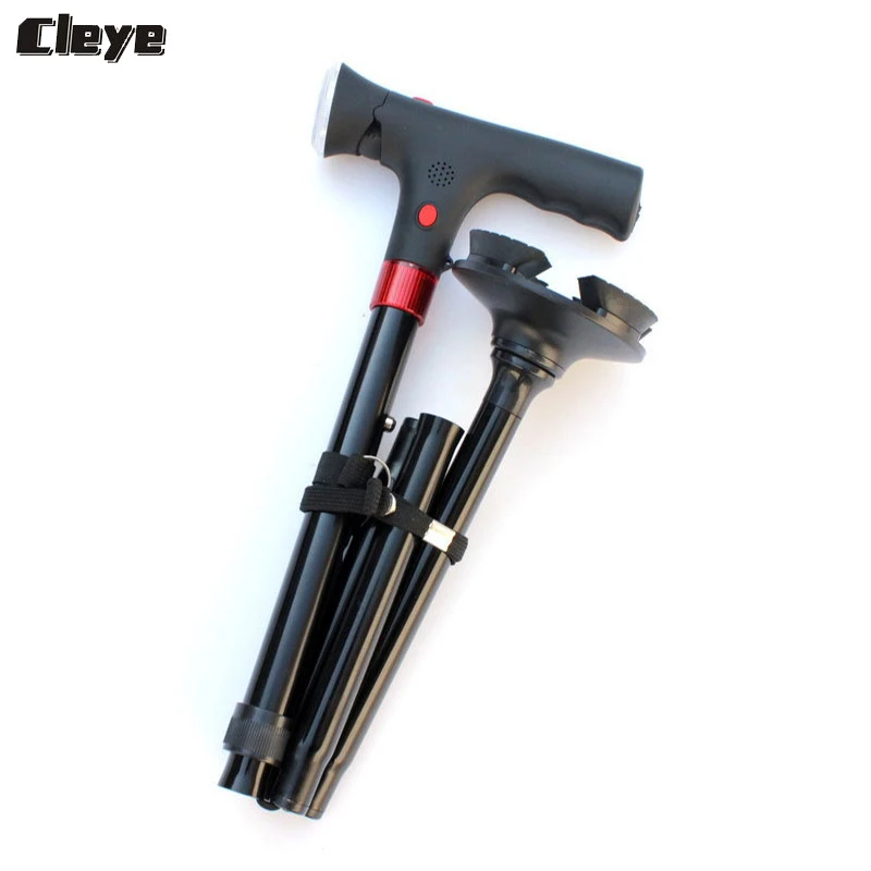 Cleye Professional Old Man Walking Stick Smart Folding Elderly Cane Four Feet Non-slip with Lights Ultra Light Crutch for Aged
