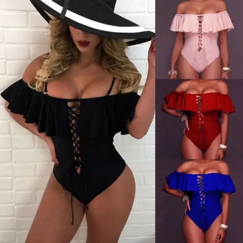 2018 New Women One-Piece Swimsuit Bandage Bikini Push-up Padded Ruffles Monokini Bathing Suit Red Black | Спорт и развлечения