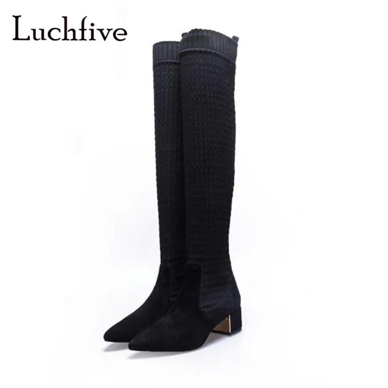 black over the knee chunky heel boots