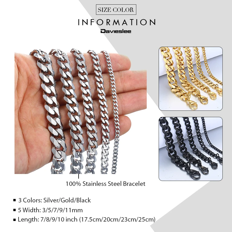 Bracelet for Men Women Curb Cuban Link Chain Stainless Steel Mens Womens Bracelets Chains Davieslee Jewelry for Men DLKBM05 - Image 4