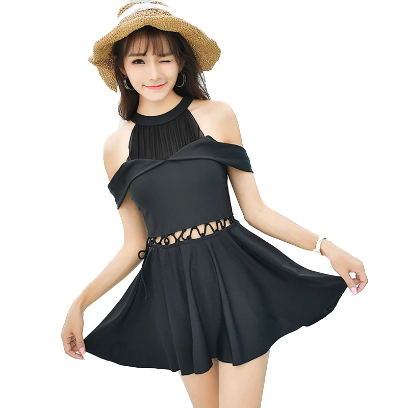 

2019 New Arrival Women'ts One Piece Swimsuit Solid Color High Neck Swimwear Off Shoulder Sexy Skirted Bathing Suits Swimdress