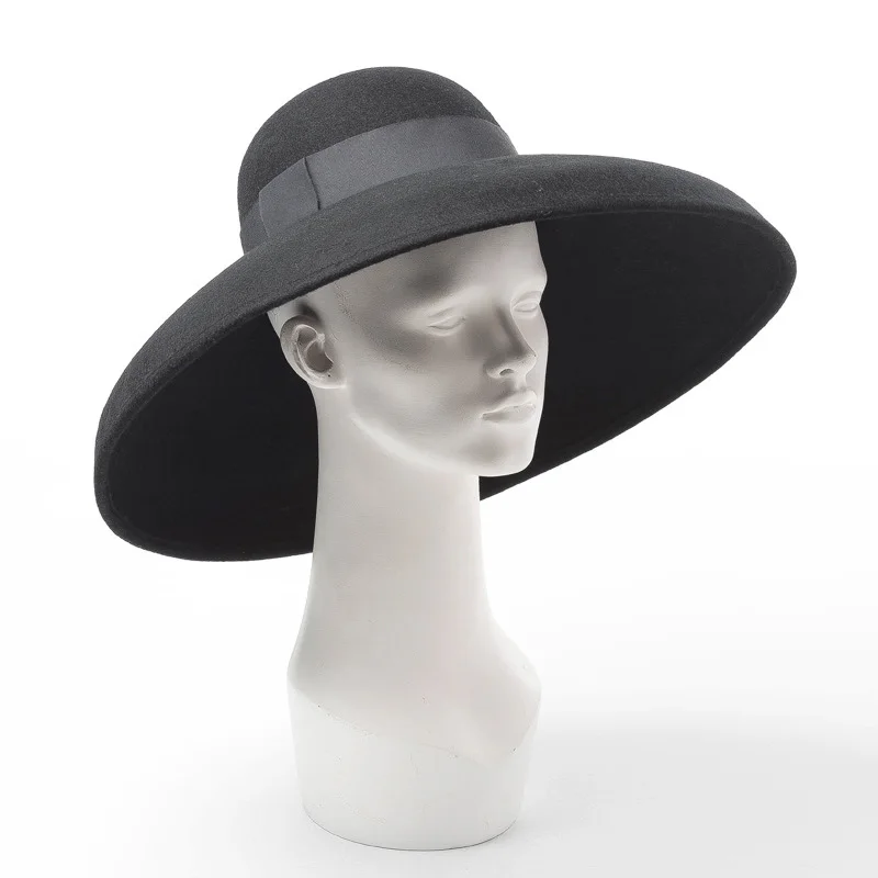 Vintage Women's Ribbon Wide Brim Wool Felt Bowler Fedora Hat Floppy Cloche 