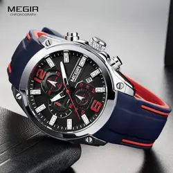 Megir бренд для мужчин хронограф аналоговые кварцевые часы с датой светящиеся стрелки, Водостойкий силиконовый резиновый ремешок Wristswatch для