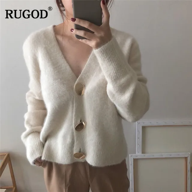 US $21.00 RUGOD Solid Elegant Women Cardigans Casual V-Neck Cashmere Knitted Women Sweaters Coat Slim Autumn