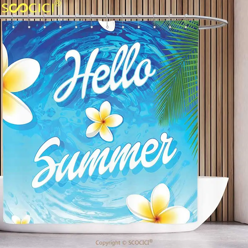 

Stylish Shower Curtain Lifestyle Decor Hello Summer Quote with Palm Leaves Plumeria Flowers over the Ocean Illustration Blue