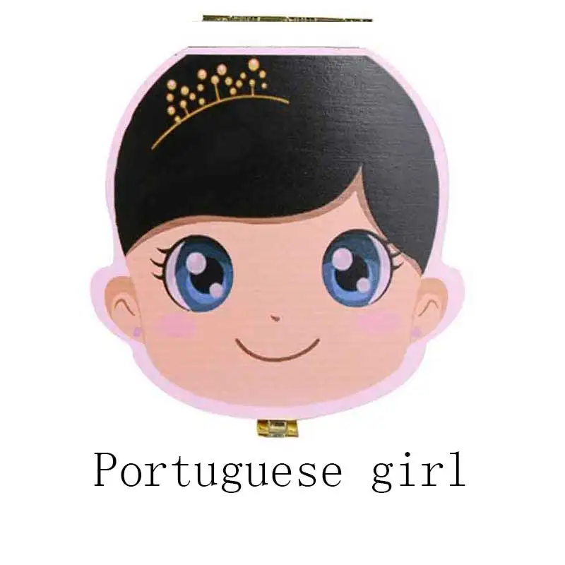 Коробка для зуба Португальский/Испанский/английский/русский/французский красочный деревянный зуб ящик место сохранить молоко зубы хранения сбора пупочной - Цвет: Portuguese Girlb