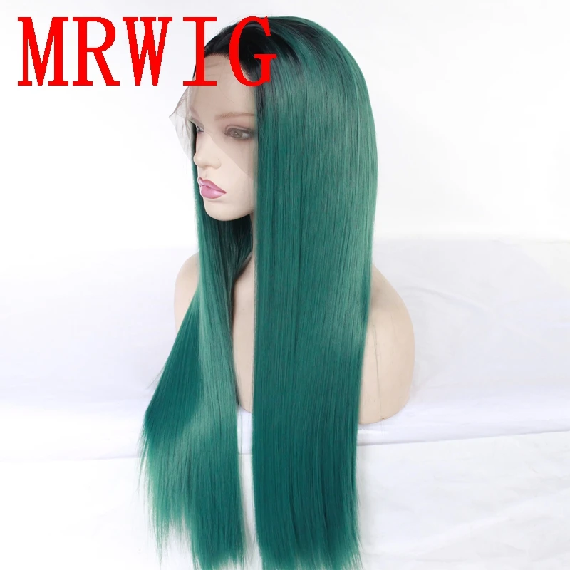 MRWIG  Black Ombre Green Short Dark Roots Long Straight Synthetic Glueless Front Hair Wig African Americans