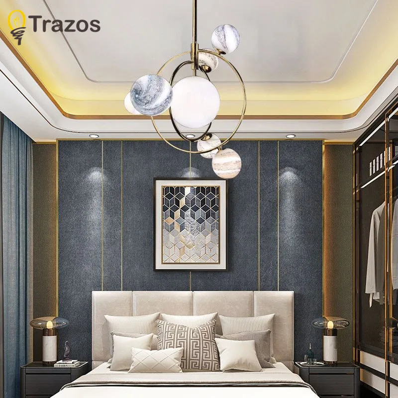 Потолочный светильник Trazos в скандинавском стиле для гостиной с круглым поверхностным креплением, Золотой светильник для спальни, стеклянный потолочный светильник для столовой
