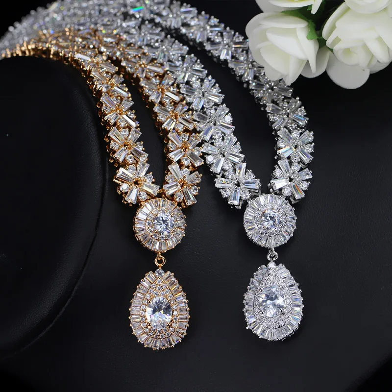 BeaQueen Luxury CZ Stone Paved Red Garnet Austria Crystal Statement Necklace Earrings for Women Wedding Jewelry Set JS059
