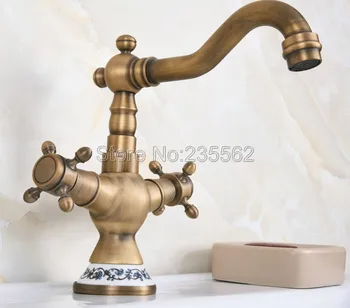 Antique Brass Swivel Spout Faucets Dual Handle Bathroom Basin Faucet Deck Mounted Sink Mixer Taps Lnf601 modern design antique brass open spout basin faucets fashion bathroom mixer vintage bathroom sink faucet