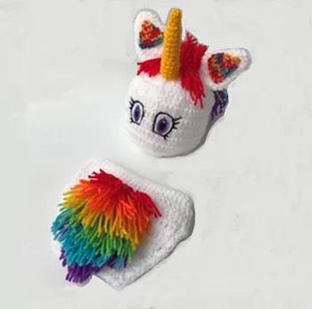 

Cute rainbow unicorn baby boy clothes girl taking photo newborn shower gift high quality crochet hat and handmade diaper
