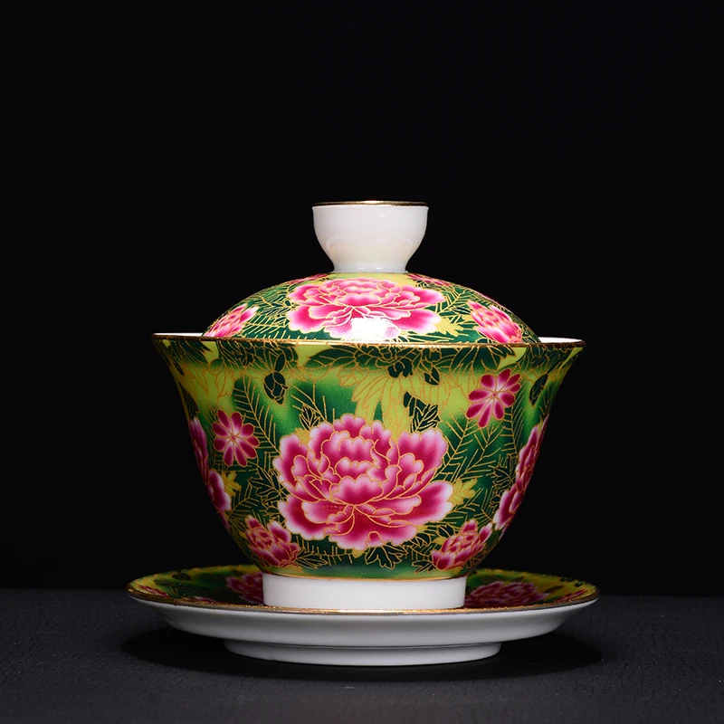 Ceramic teacup peony flower cover bowl Kungfu tea set tea bowl Travel portable tea set Household drinking utensils WSHYUFEI - Цвет: 150ml