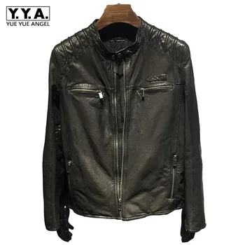 

New Sheepskin Motorcycle Genuine Leather Jacket Mens Stand Collar Moto Biker Jacket Zipper Black Short Real Leather Coat