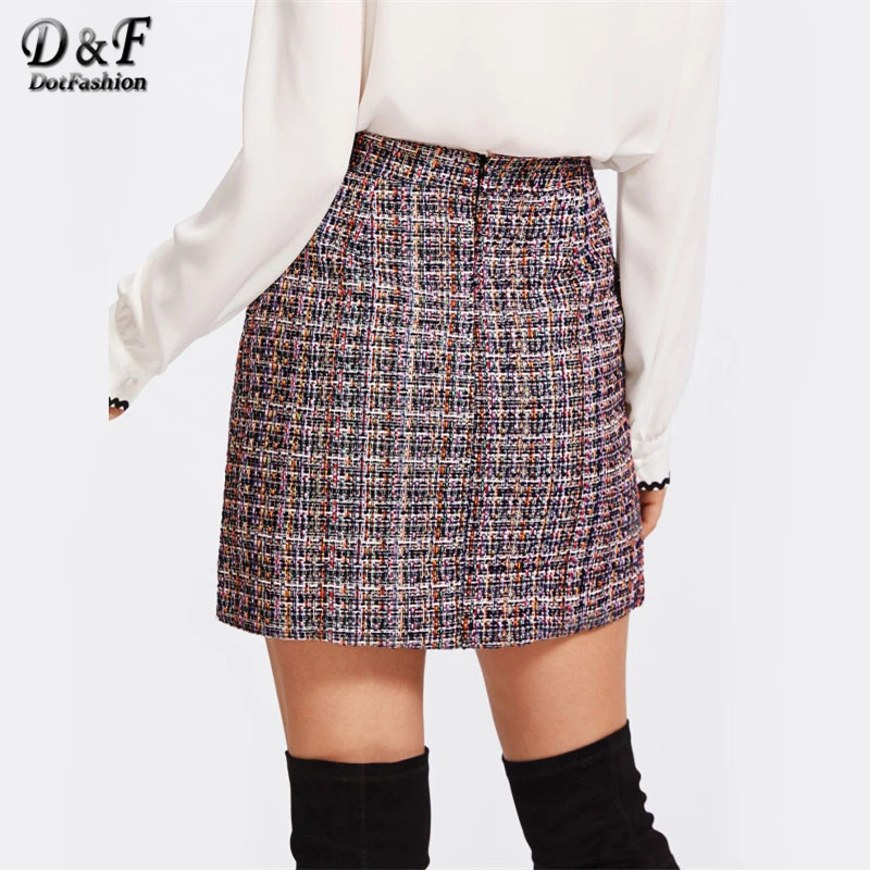 Dotfashion البريدي عودة تويد الشتاء تنورة المرأة 2019 جديد وصول متعددة منقوشة لطيف قيعان للسيدات خط قصيرة تنورة