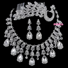 Модные Хрустальные волосы в стиле павлина расческа кисточкой ожерелье серьги Ювелирные наборы из трех предметов свадебные аксессуары