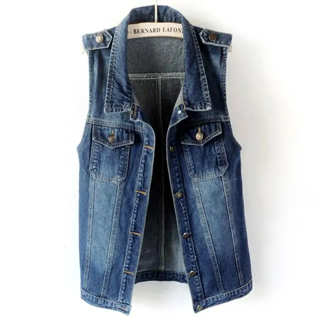Fashion women Long Denim Vest Single Breasted Veste Slim Girls Frayed