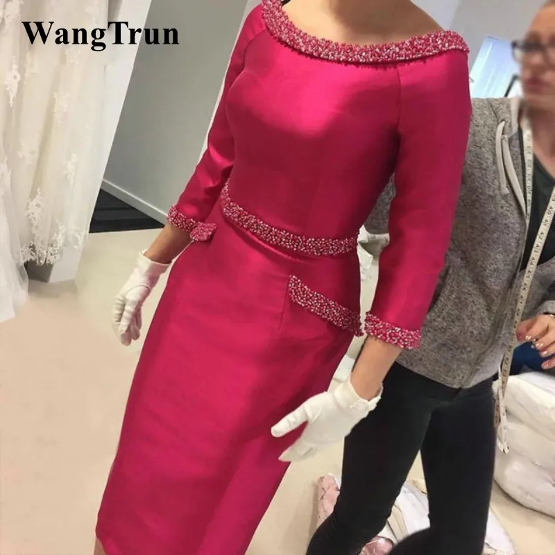 

Elegant Satin Sheath Tea Length Mother of Bride Dress 2019 Scoop Three Quarter Sleeves Beading Woman Formal Wedding Party Gown