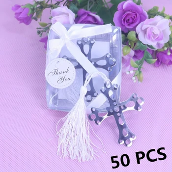 

50 PCS Sliver Boxed Cross Hollow Bookmark White Tassel For Baby Baptism Holy Wedding Favors Bridal Shower Bridesmaid Gifts