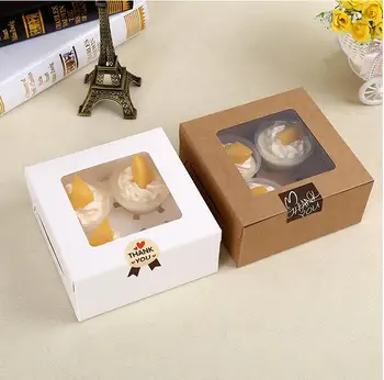 

Free ship 100pcs/lot Hold 4 cupcakes PVC Window with insert Cup Cake Boxes Muffin Cake packaging storage bags kraft container