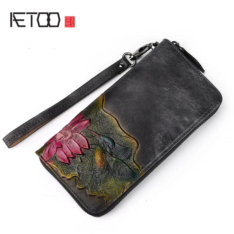 

BJYL New leather wallet lady embossing Long zipper Wallet female Retro cow wallet European and American hand bag