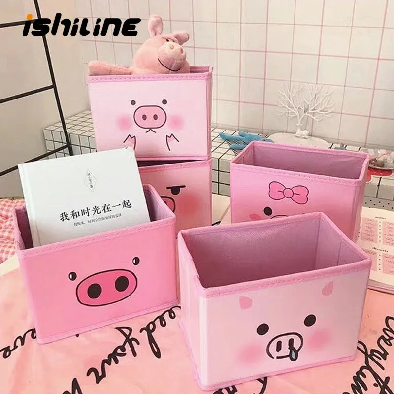 

Folding Storage Box for Girl's Desktop Organizer Cute Cartoon Pig Basket Cosmetic Jewelry Storage Box Makeup Container Case