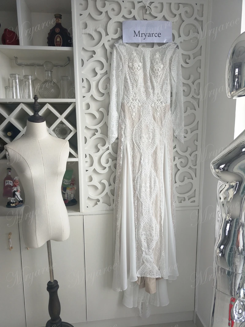 Lace Bohemian Wedding Dresses Unique French Lace Long Sleeve Boho Wedding Dress Open Back Bridal Gowns vestido de noiva 2017 (5)