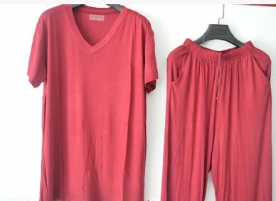 Короткий рукав длина брюки Мужская одежда для сна летний модал v-образным вырезом lounge set тонкий модальный пижамный комплект плюс размер L-4XL - Цвет: v neck red