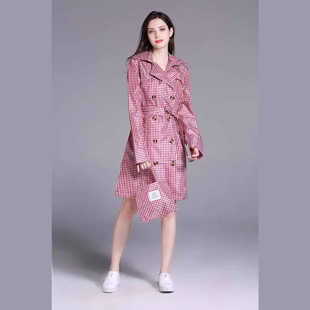 

Freesmily Women Colored Grid Stylish Rain Poncho Waterproof Rain Jacket Coat with Waistband and Hood